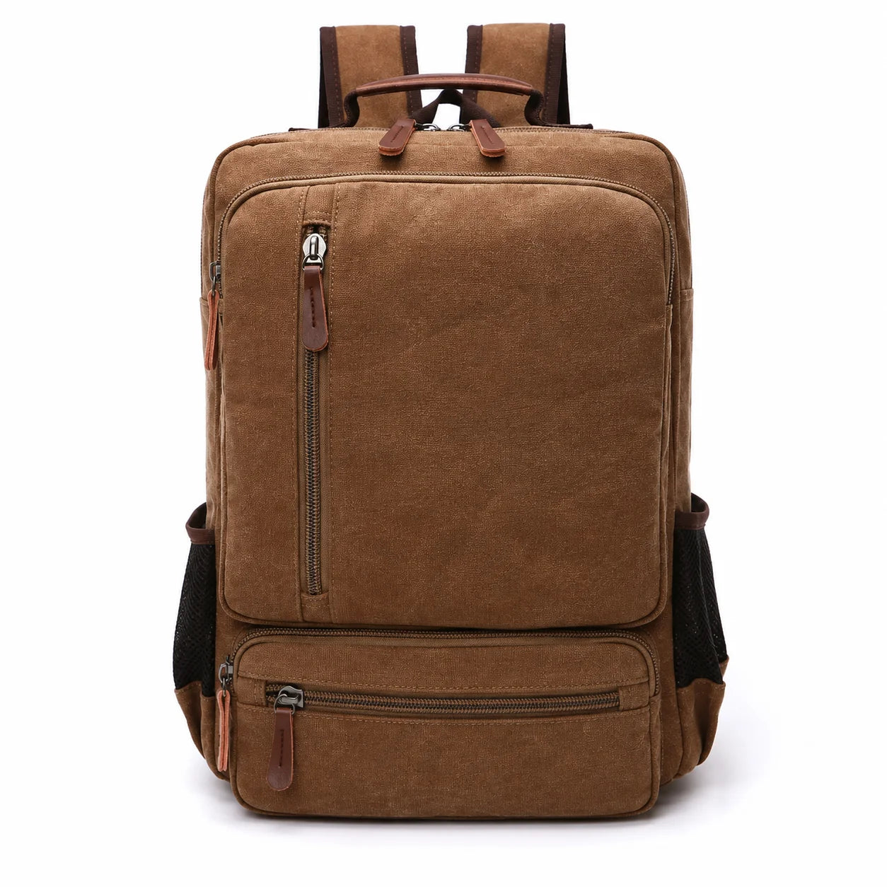 Men’s Canvas Backpack - Front Organizer Pocket Rucksack - coffee