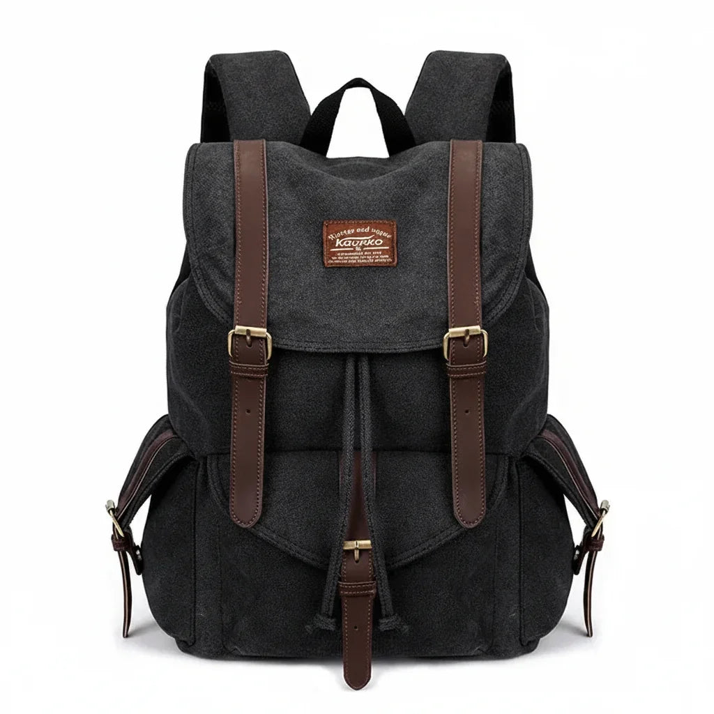 Men’s Canvas Backpack - Vintage Buckle Flap Rucksack - Black