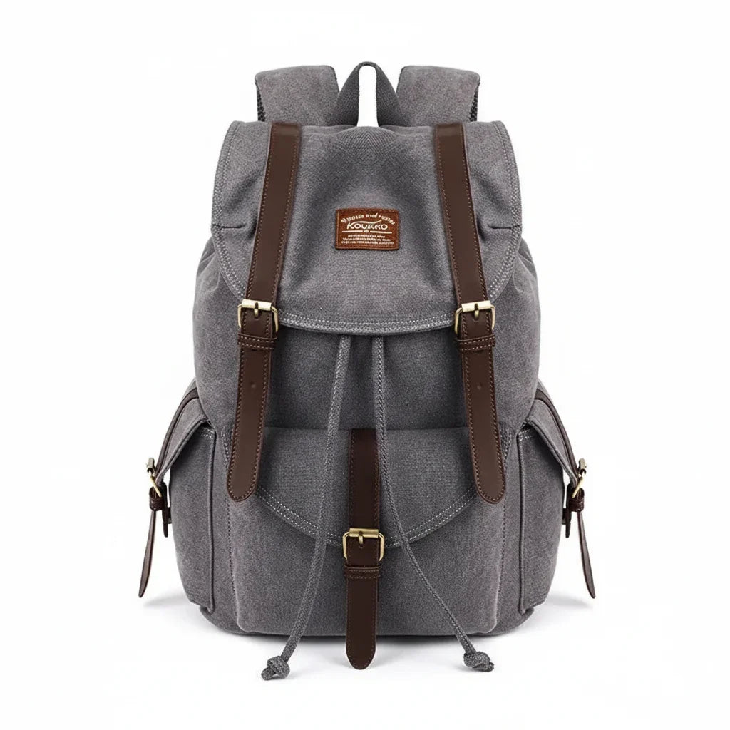 Men’s Canvas Backpack - Vintage Buckle Flap Rucksack - Gray