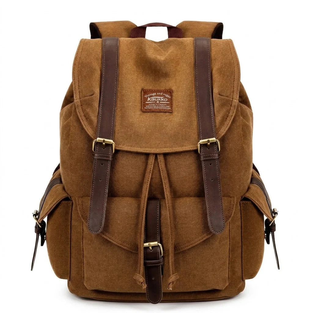 Men’s Canvas Backpack - Vintage Buckle Flap Rucksack - Khaki