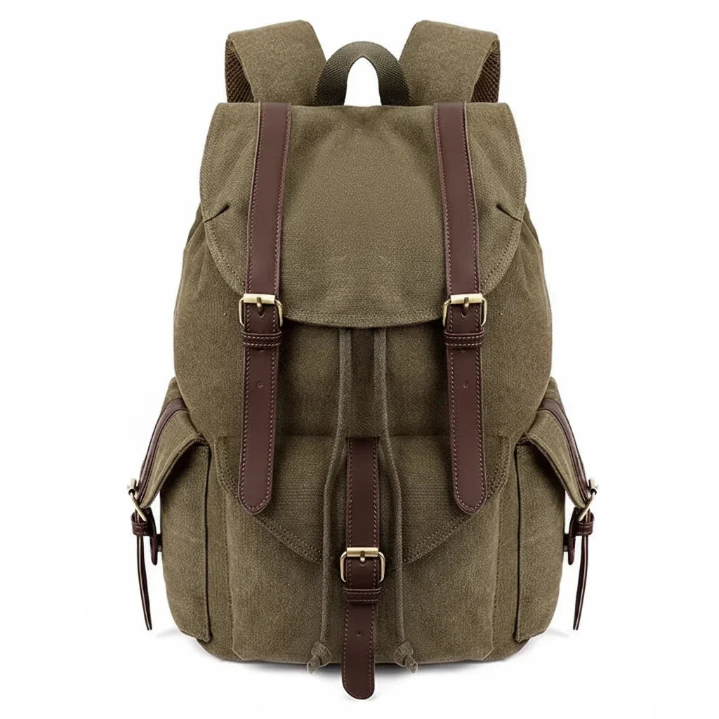 Men’s Canvas Backpack - Vintage Buckle Flap Rucksack - Olive