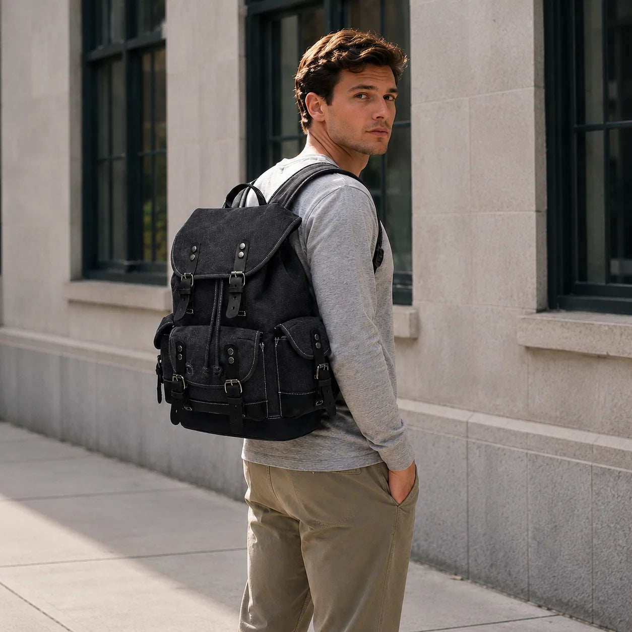 Men’s Canvas Backpack - Vintage Leather Trim Rucksack