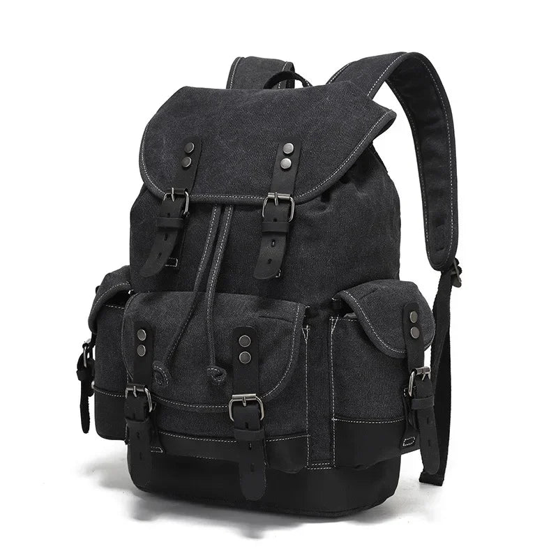 Men’s Canvas Backpack - Vintage Leather Trim Rucksack - Black