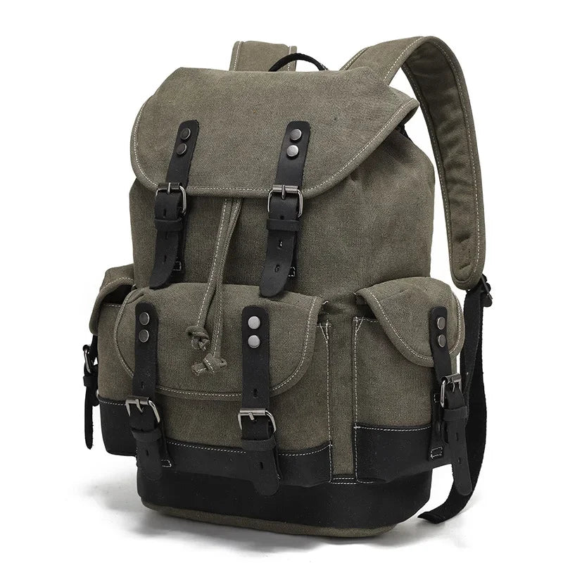 Men’s Canvas Backpack - Vintage Leather Trim Rucksack - Olive