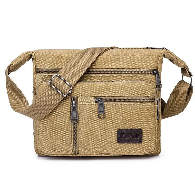 Men’s Canvas Crossbody Bag - Multi-Pocket Shoulder Bag - Khaki
