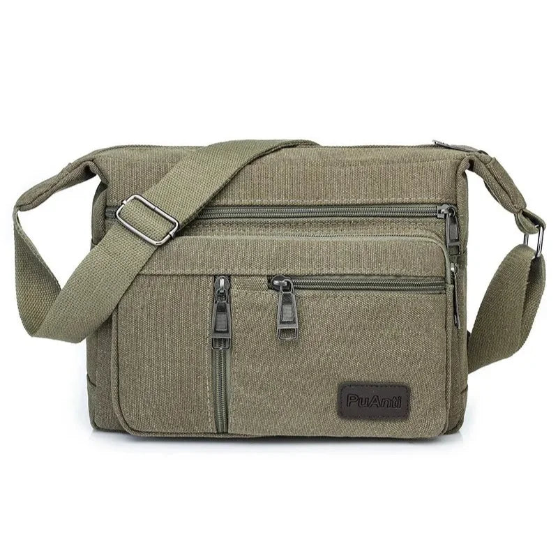 Men’s Canvas Crossbody Bag - Multi-Pocket Shoulder Bag - Olive
