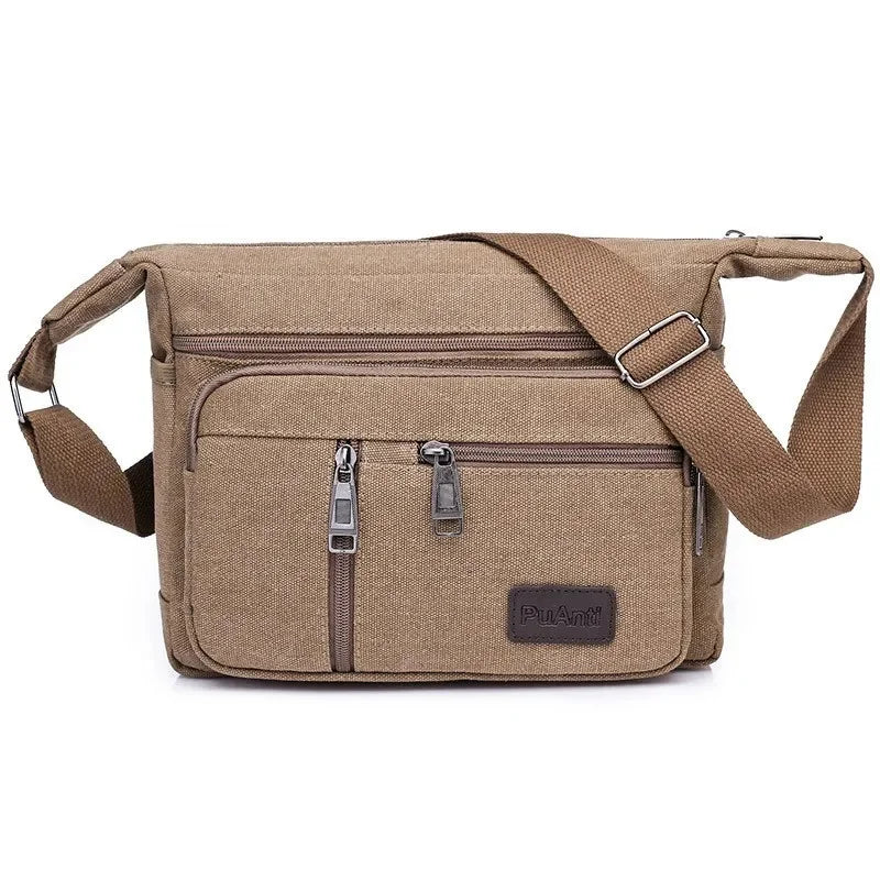 Men’s Canvas Crossbody Bag - Multi-Pocket Shoulder Bag - Brown
