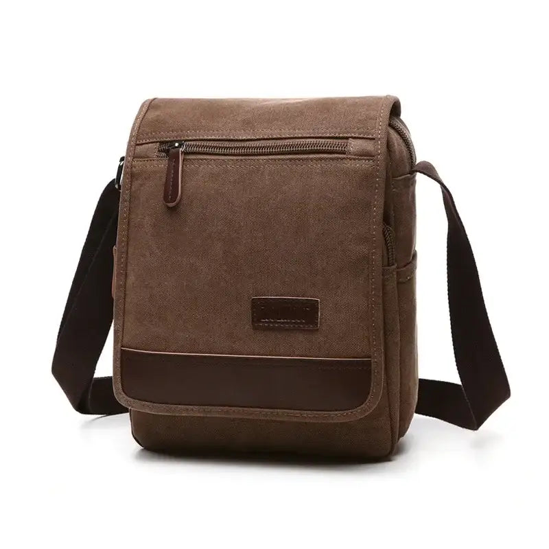 Men’s Canvas Crossbody Bag with Flap – Vintage Everyday Shoulder Bag - Marron / Moyenne