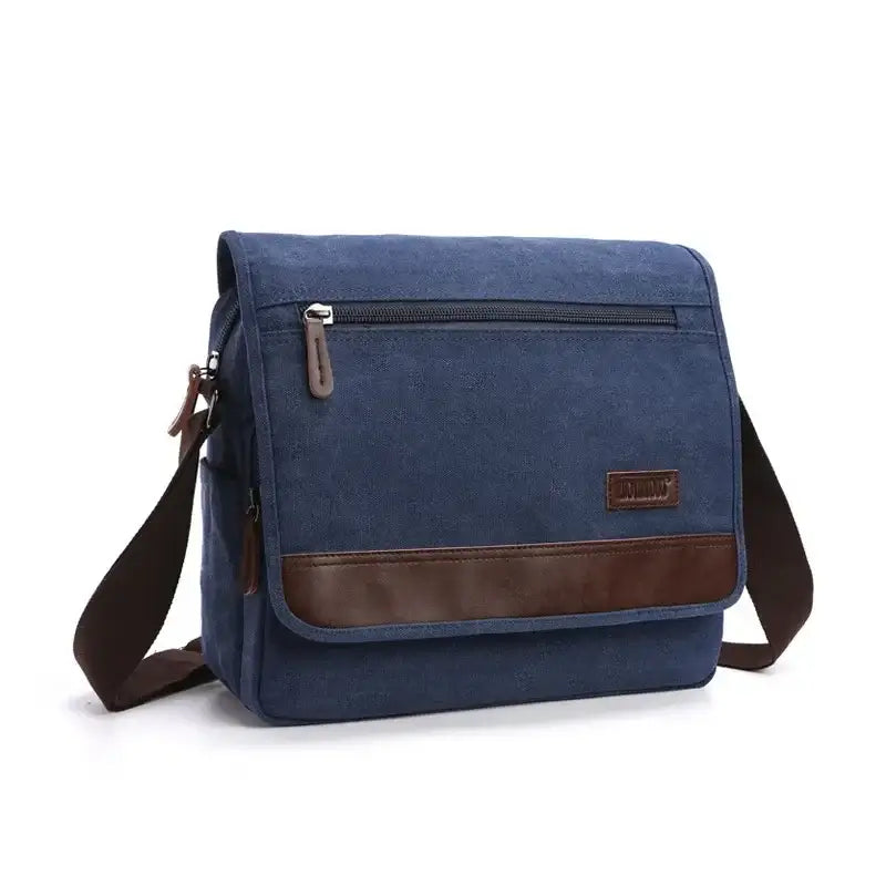 Men’s Canvas Crossbody Bag with Flap – Vintage Everyday Shoulder Bag - Bleu / Grande
