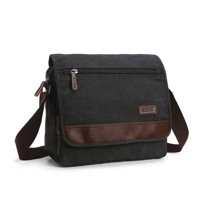 Men’s Canvas Crossbody Bag with Flap – Vintage Everyday Shoulder Bag - Noir / Grande