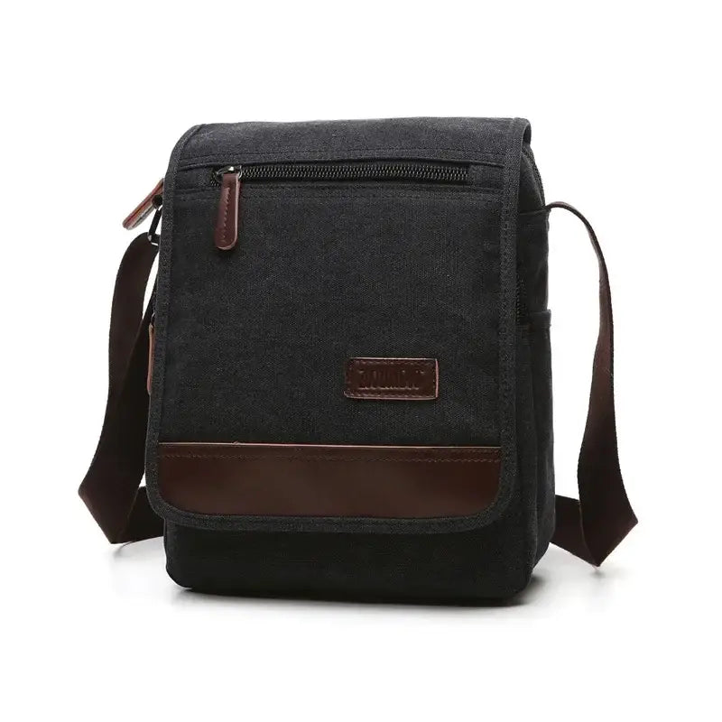 Men’s Canvas Crossbody Bag with Flap – Vintage Everyday Shoulder Bag - Noir / Moyenne