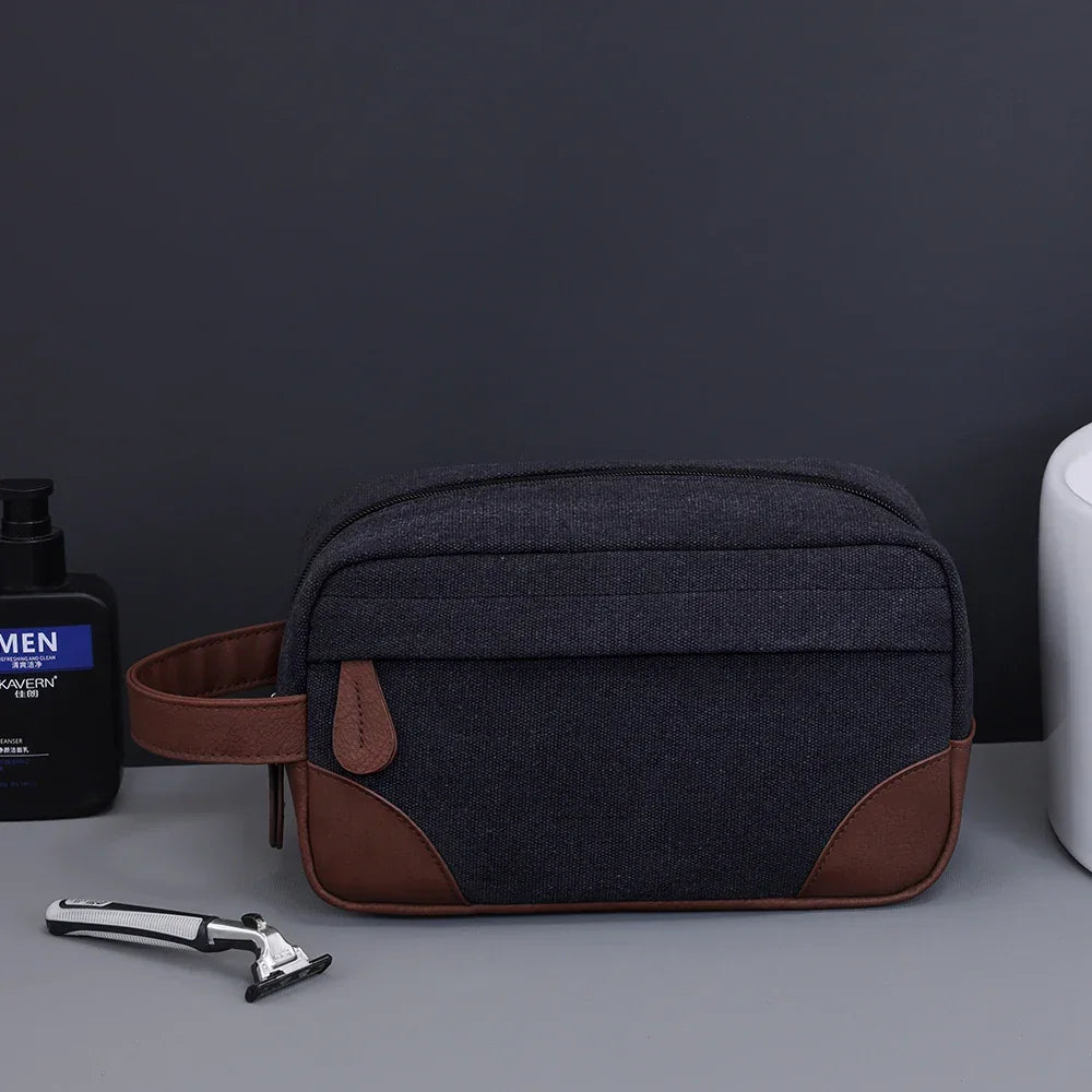 Men’s Canvas Dopp Kit - Travel Toiletry Bag with Brown Trim