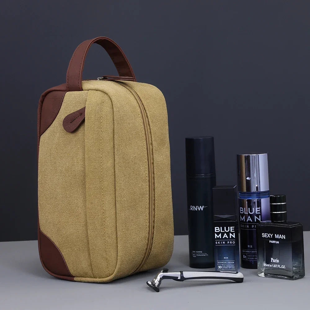 Men’s Canvas Dopp Kit - Travel Toiletry Bag with Brown Trim