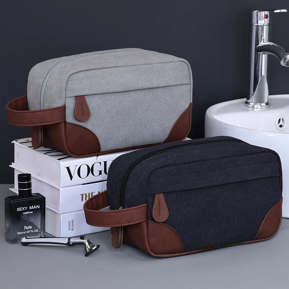 Men’s Canvas Dopp Kit - Travel Toiletry Bag with Brown Trim