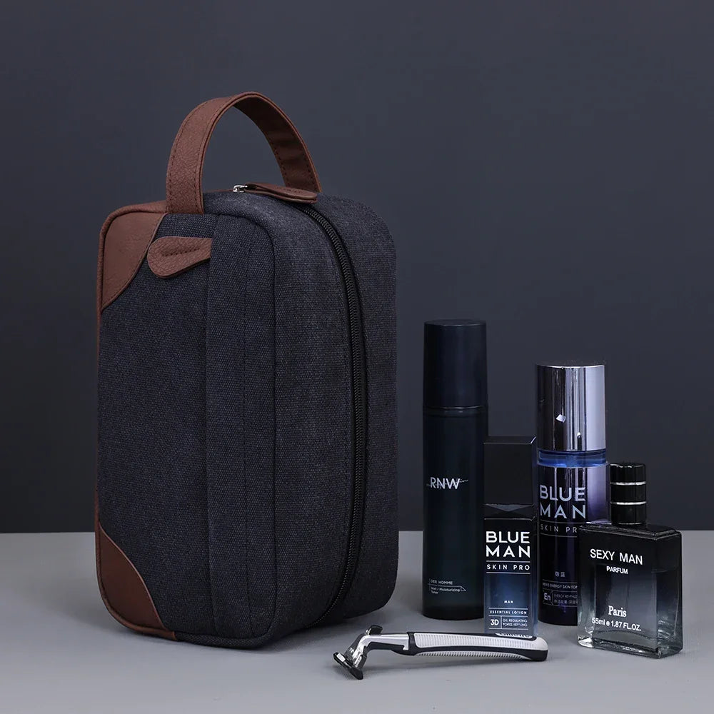 Men’s Canvas Dopp Kit - Travel Toiletry Bag with Brown Trim