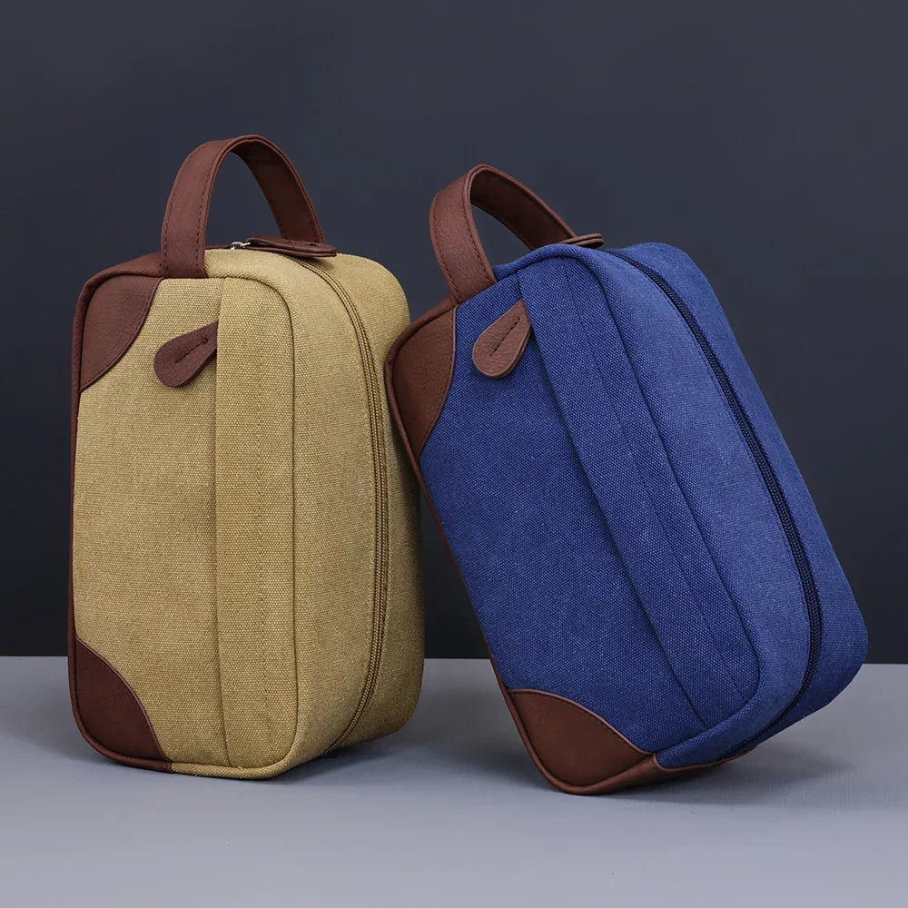 Men’s Canvas Dopp Kit - Travel Toiletry Bag with Brown Trim
