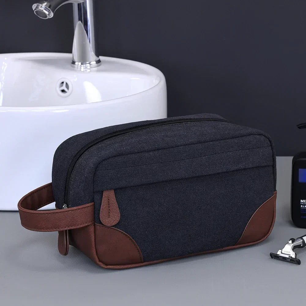 Men’s Canvas Dopp Kit - Travel Toiletry Bag with Brown Trim