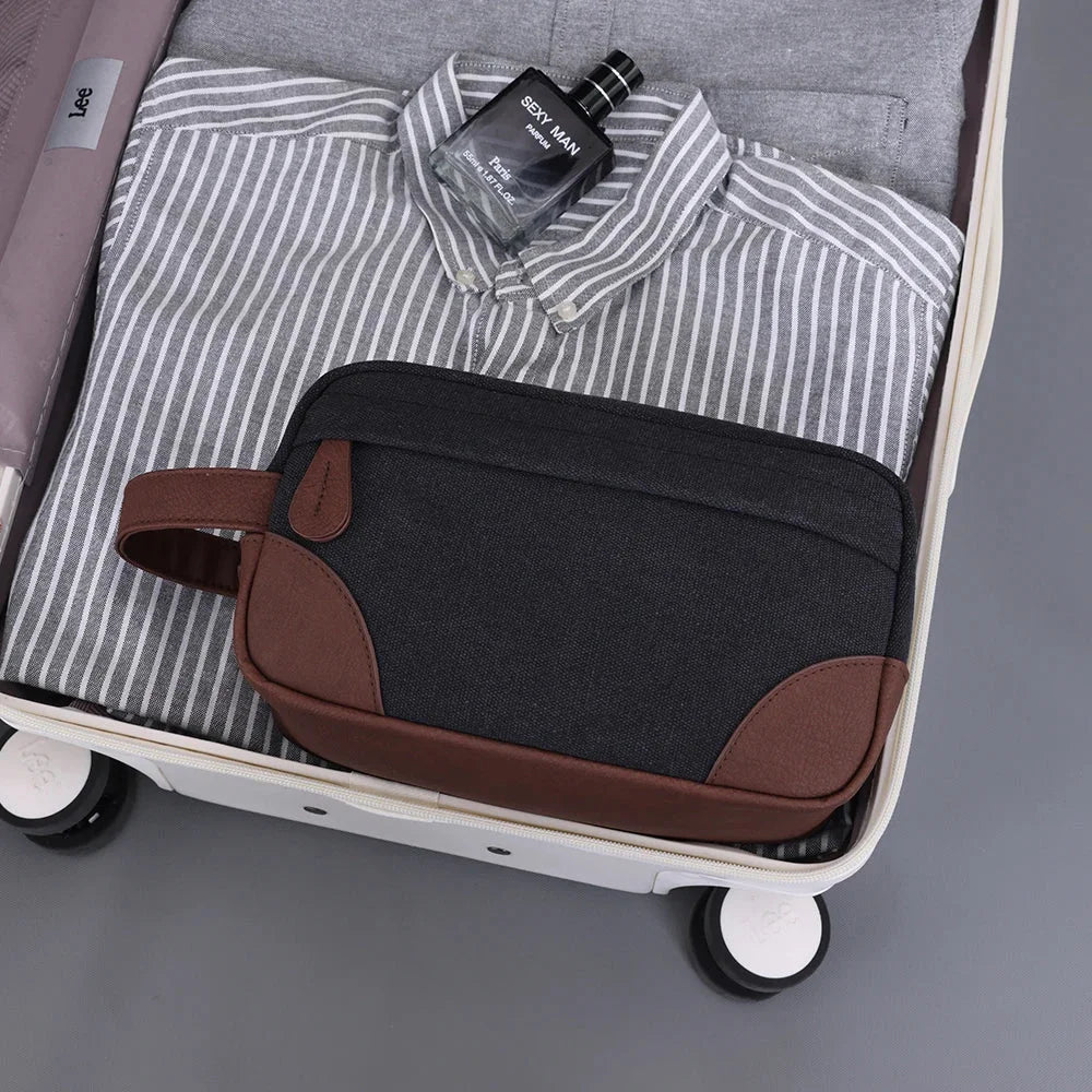 Men’s Canvas Dopp Kit - Travel Toiletry Bag with Brown Trim