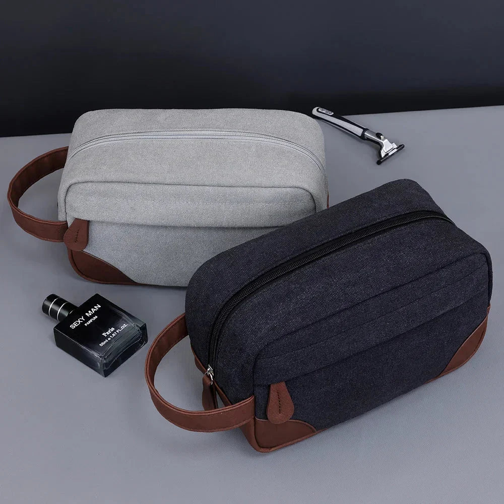 Men’s Canvas Dopp Kit - Travel Toiletry Bag with Brown Trim