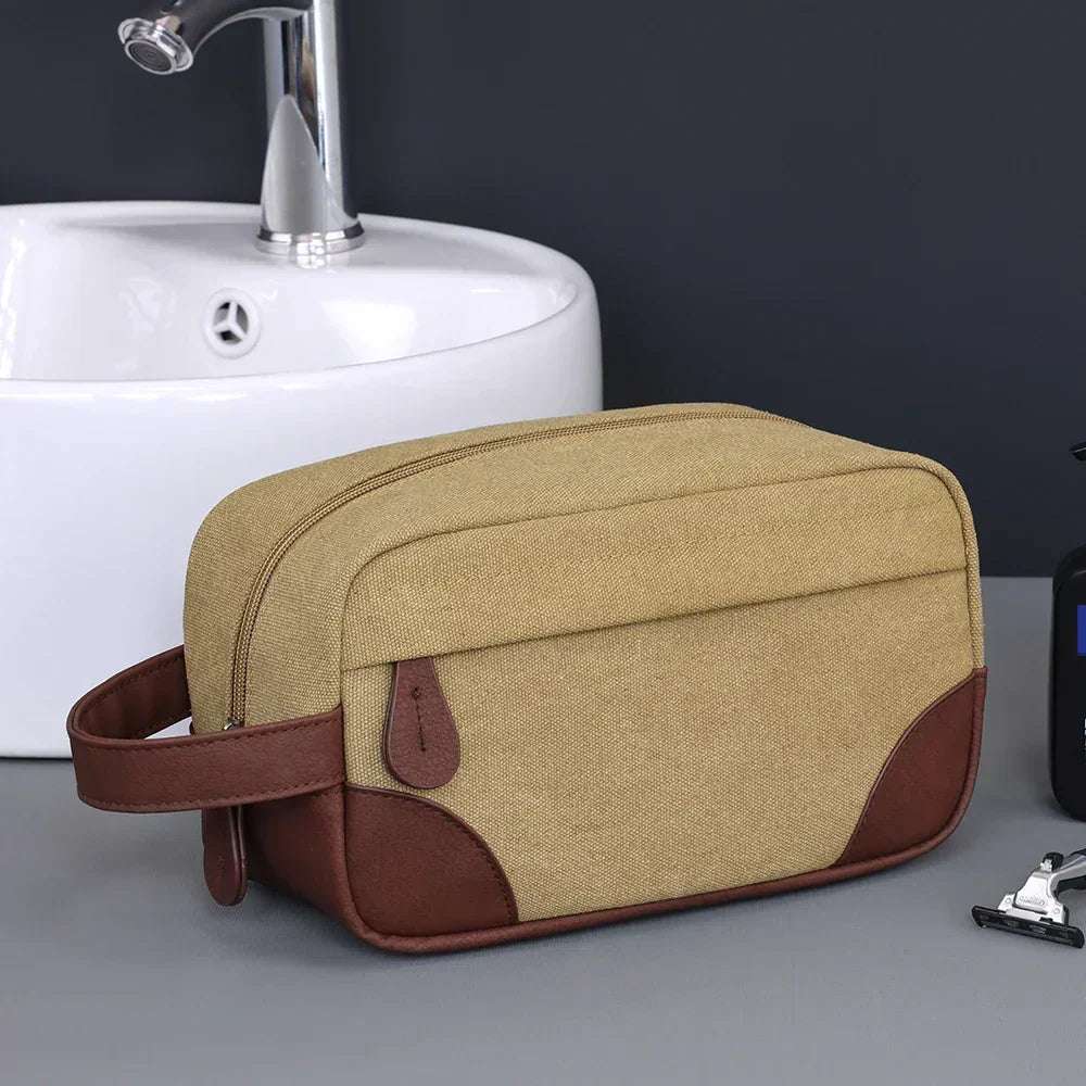 Men’s Canvas Dopp Kit - Travel Toiletry Bag with Brown Trim