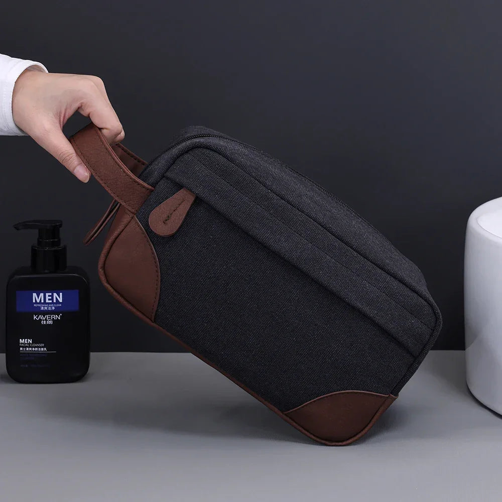 Men’s Canvas Dopp Kit - Travel Toiletry Bag with Brown Trim