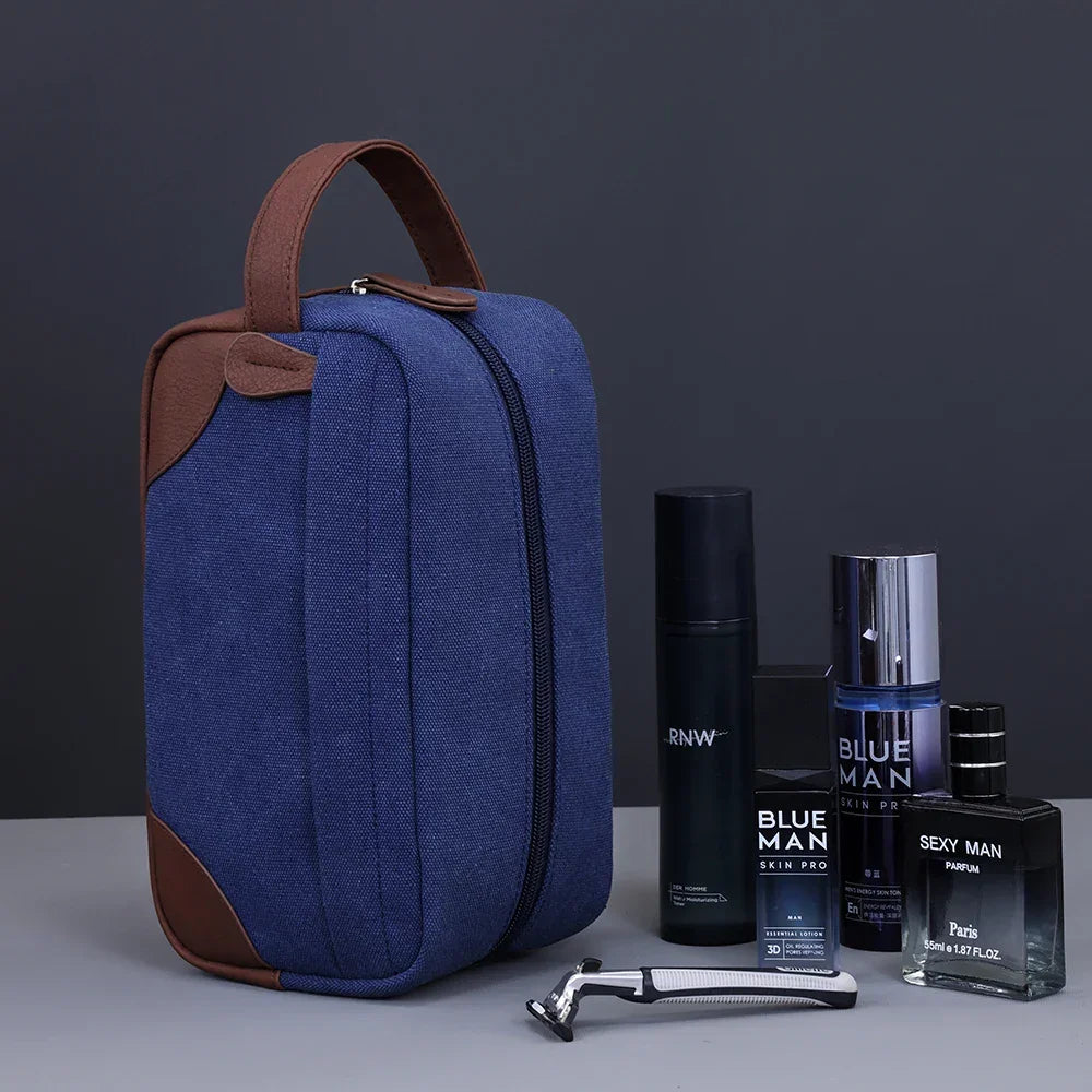 Men’s Canvas Dopp Kit - Travel Toiletry Bag with Brown Trim