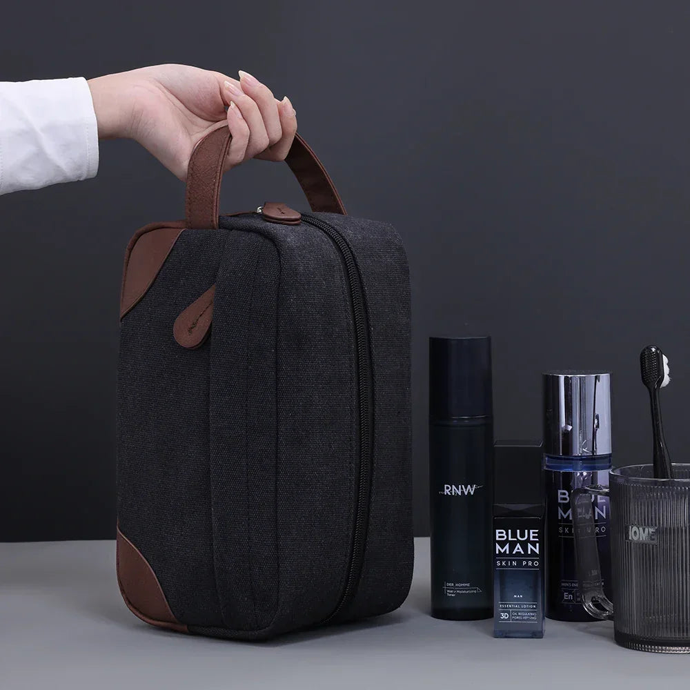Men’s Canvas Dopp Kit - Travel Toiletry Bag with Brown Trim