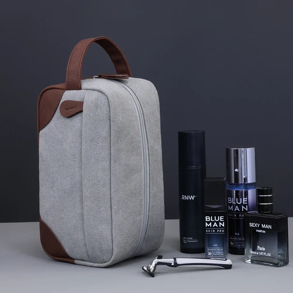 Men’s Canvas Dopp Kit - Travel Toiletry Bag with Brown Trim