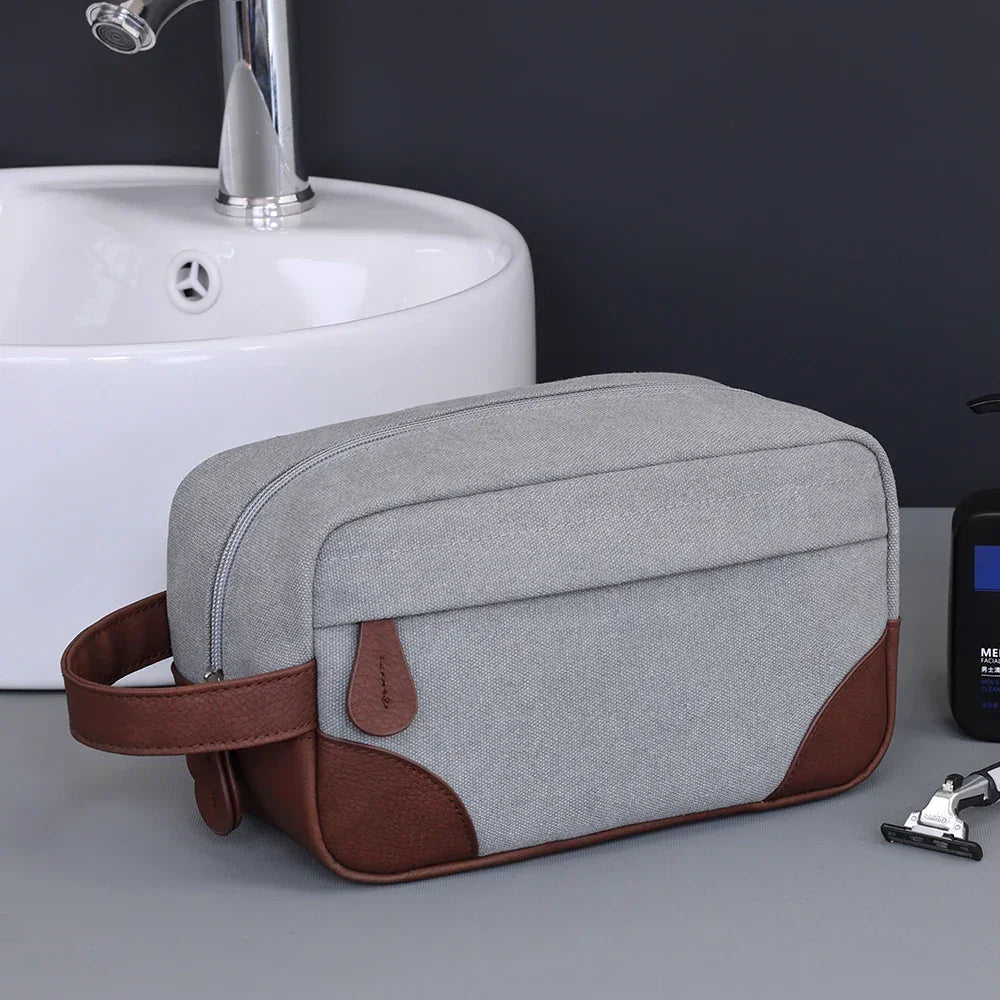Men’s Canvas Dopp Kit - Travel Toiletry Bag with Brown Trim
