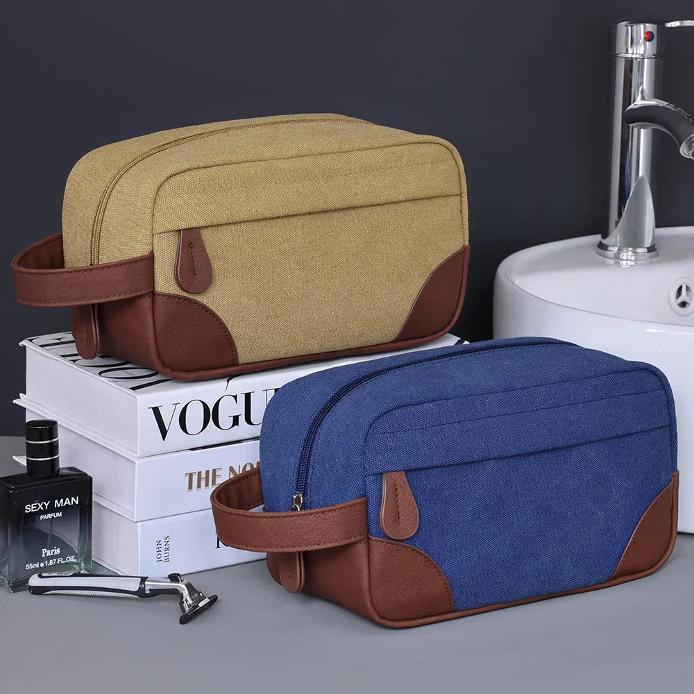 Men’s Canvas Dopp Kit - Travel Toiletry Bag with Brown Trim