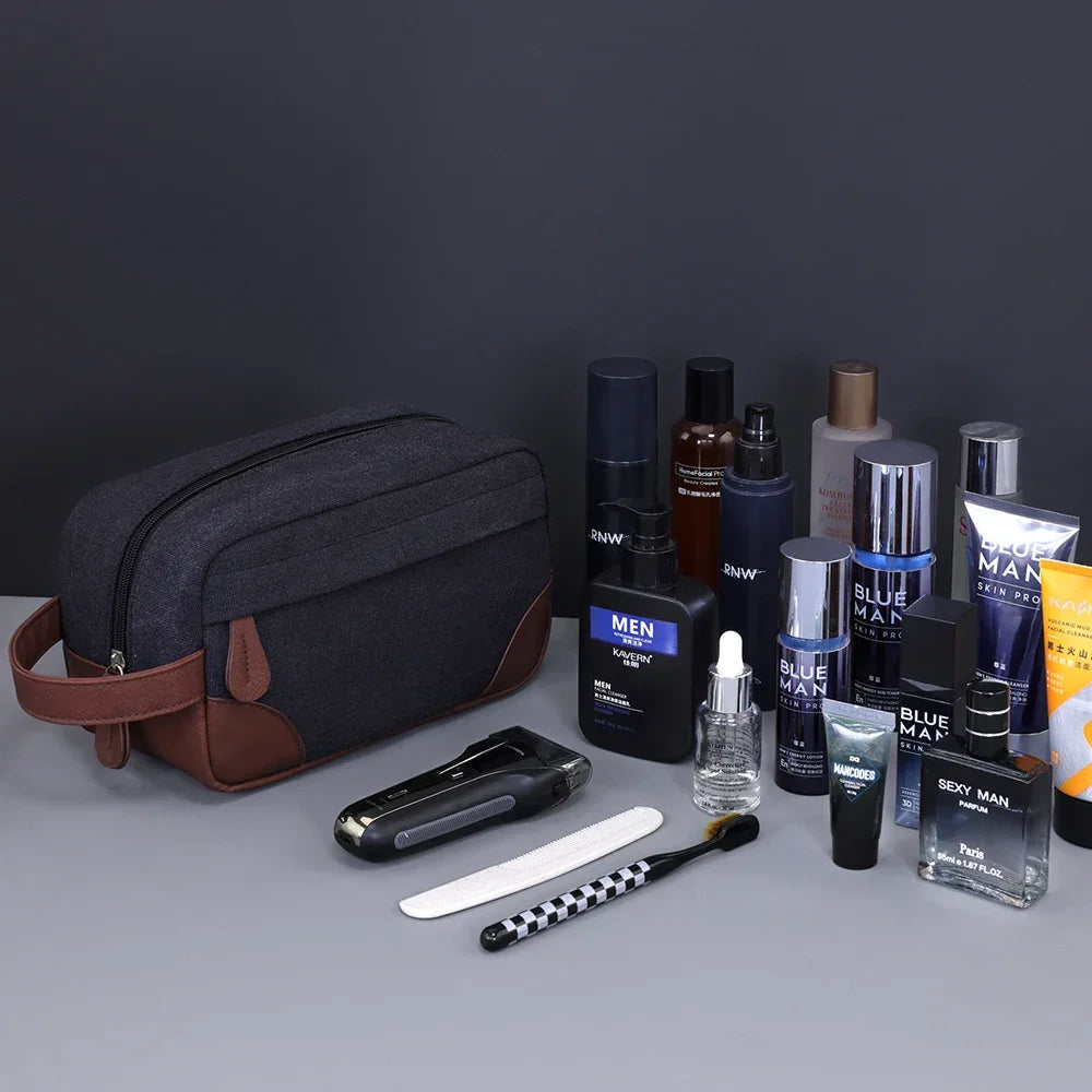 Men’s Canvas Dopp Kit - Travel Toiletry Bag with Brown Trim