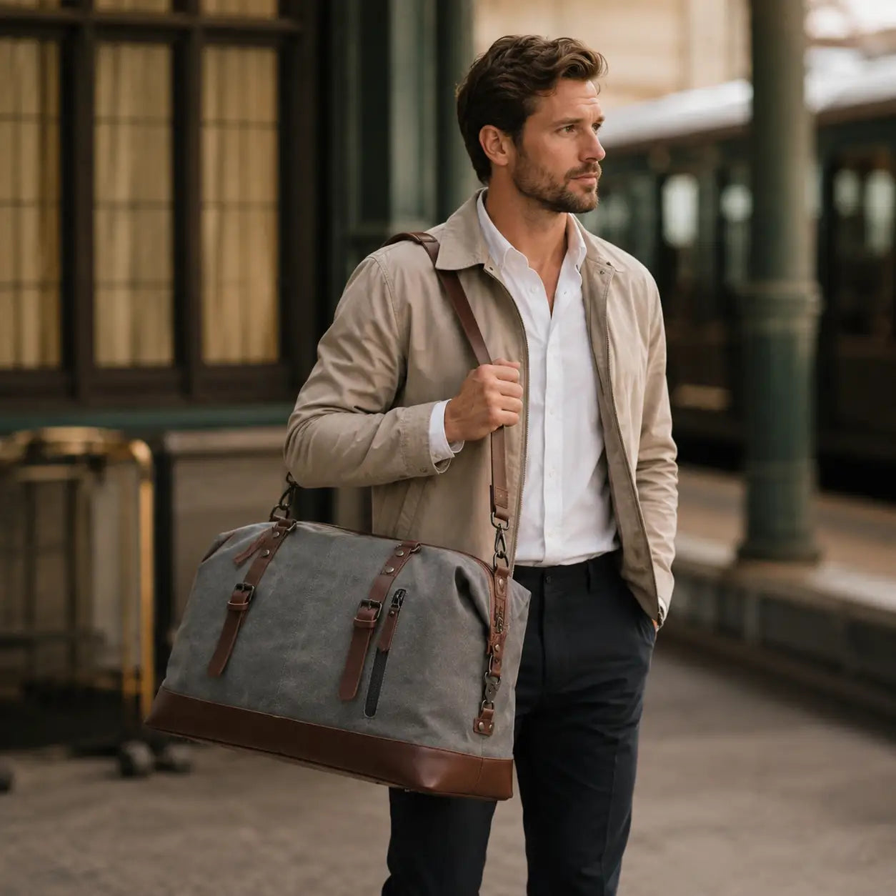 Men’s Canvas Duffle Bag – Multi-Pocket Weekend Travel Bag