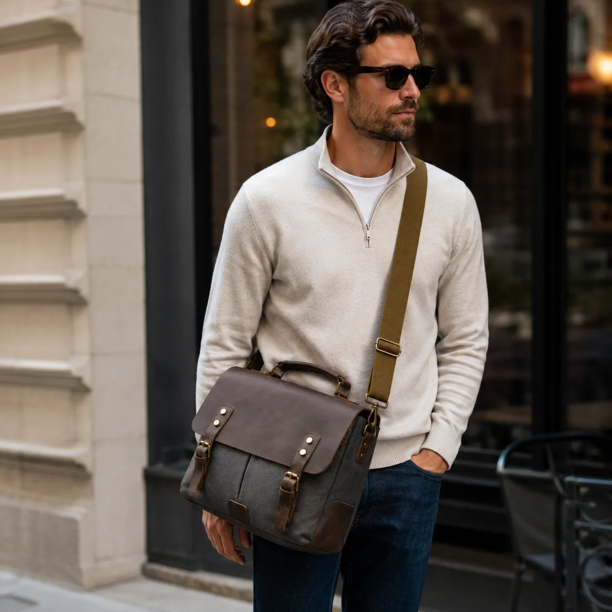 Men’s Canvas Leather Messenger Bag – Crazy Horse Business Bag
