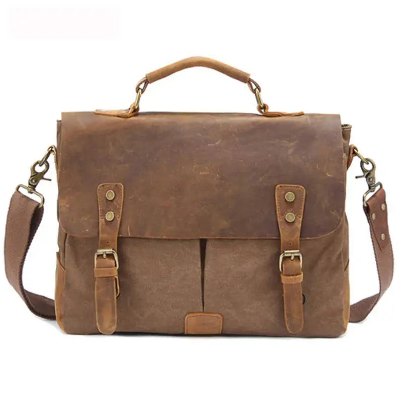 Men’s Canvas Leather Messenger Bag – Crazy Horse Business Bag - Coffee