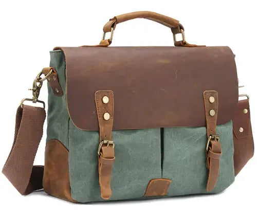 Men’s Canvas Leather Messenger Bag – Crazy Horse Business Bag - Forest green