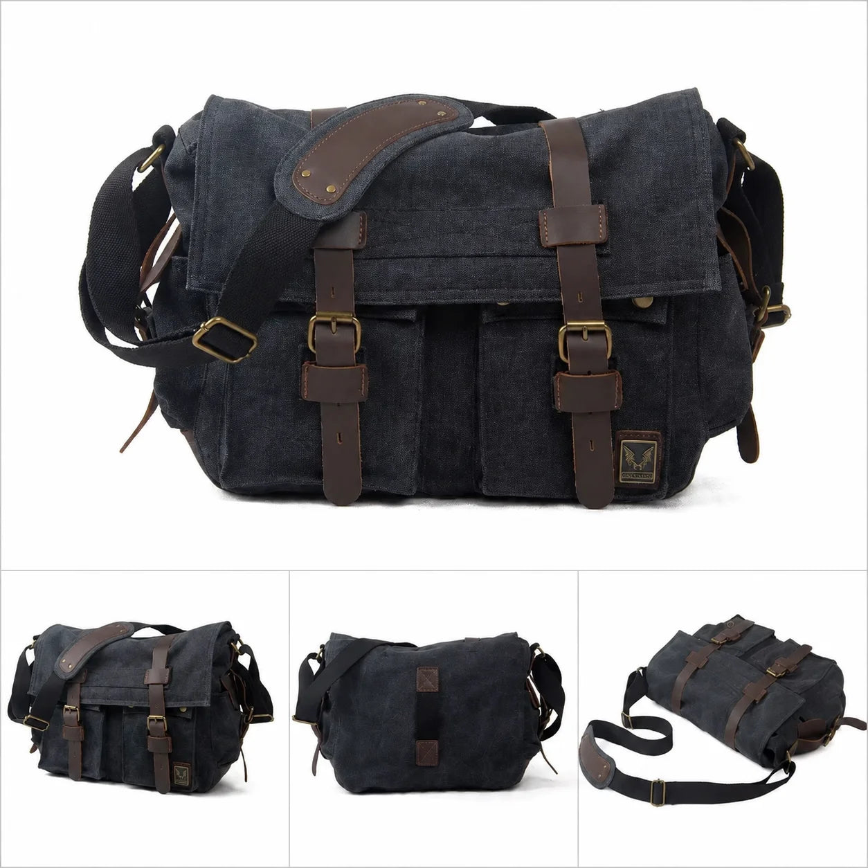 Men’s Canvas Messenger Bag - Crazy Horse Leather Trim