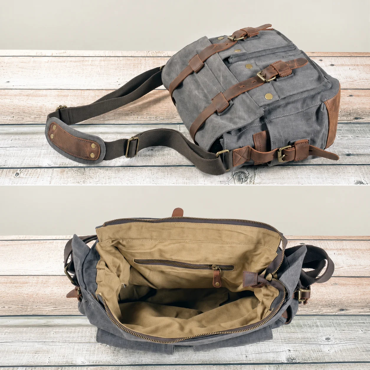 Men’s Canvas Messenger Bag - Crazy Horse Leather Trim