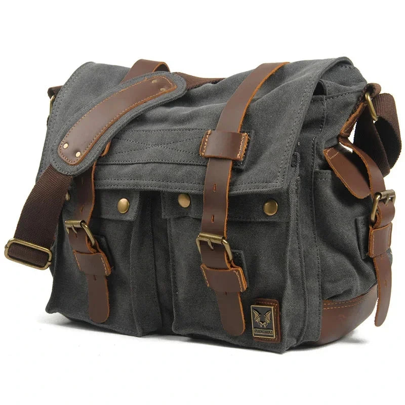 Men’s Canvas Messenger Bag - Crazy Horse Leather Trim
