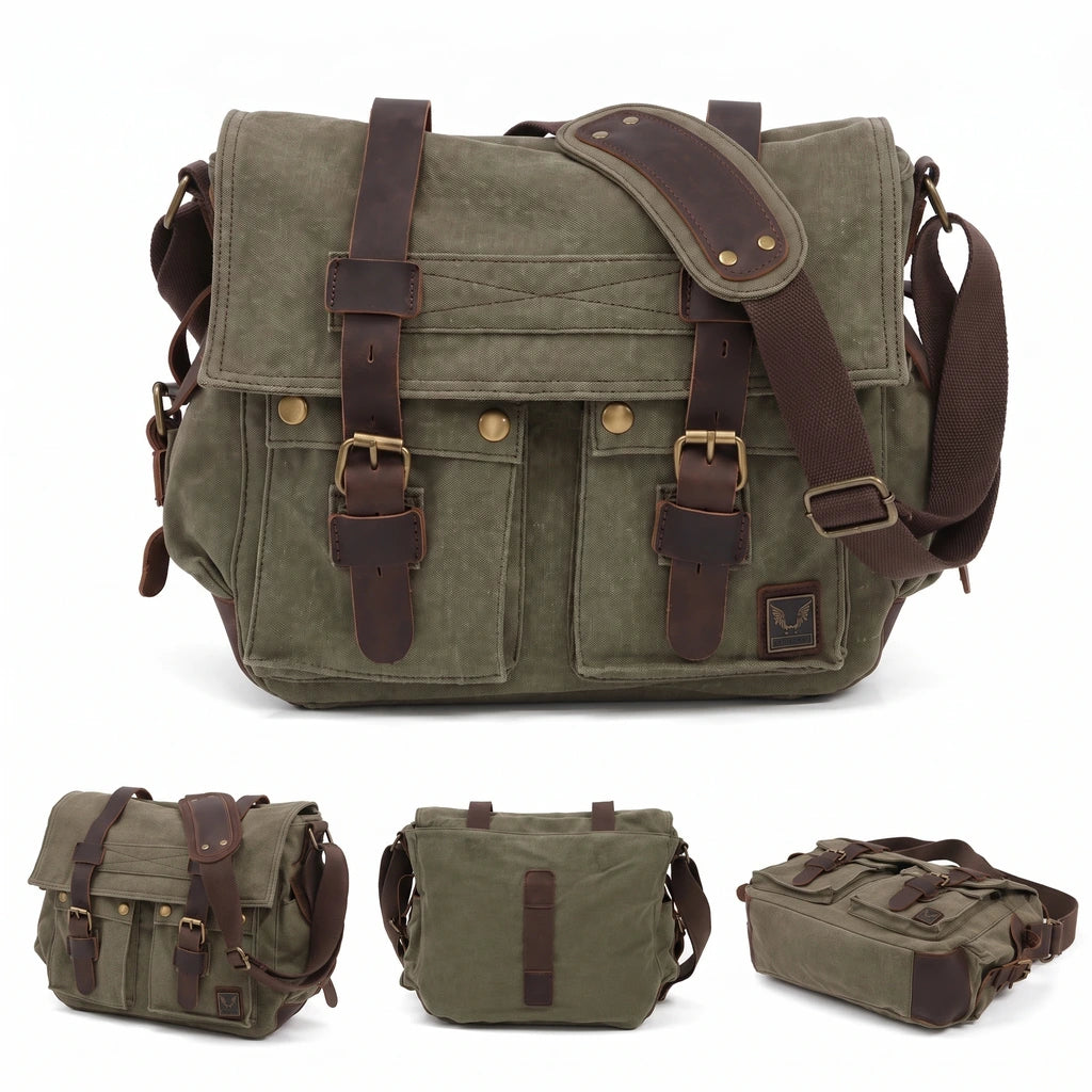 Men’s Canvas Messenger Bag - Crazy Horse Leather Trim