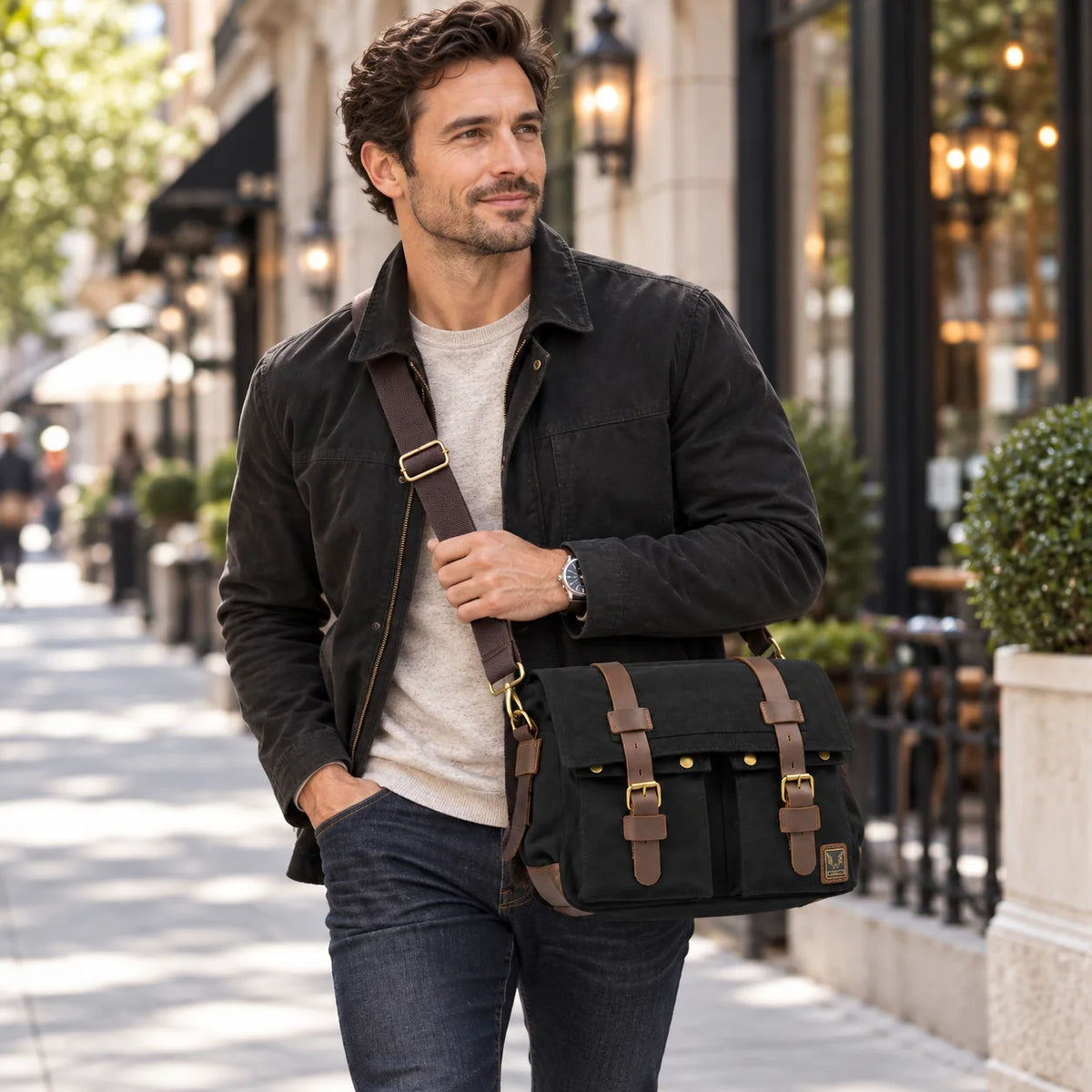 Men’s Canvas Messenger Bag - Crazy Horse Leather Trim
