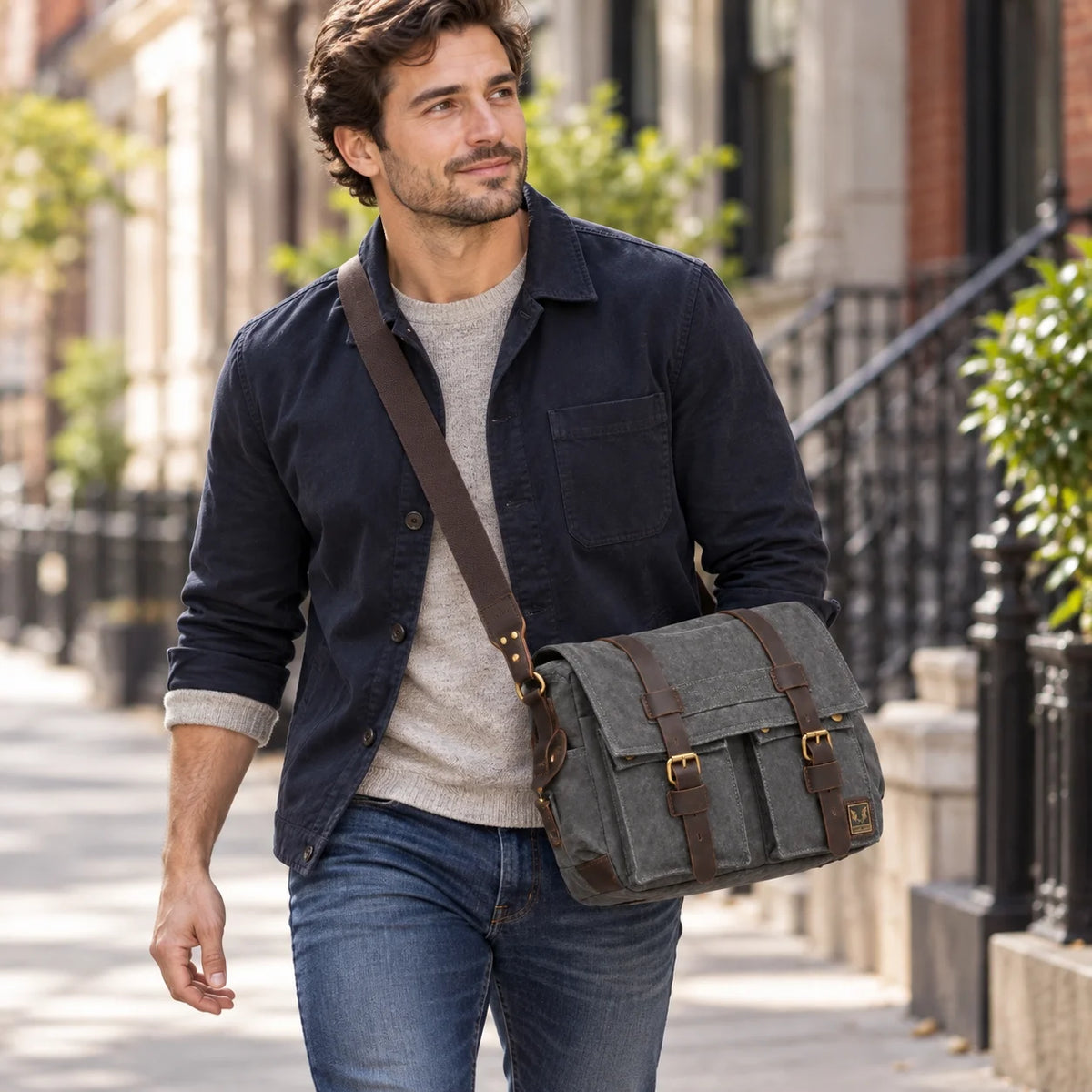 Men’s Canvas Messenger Bag - Crazy Horse Leather Trim