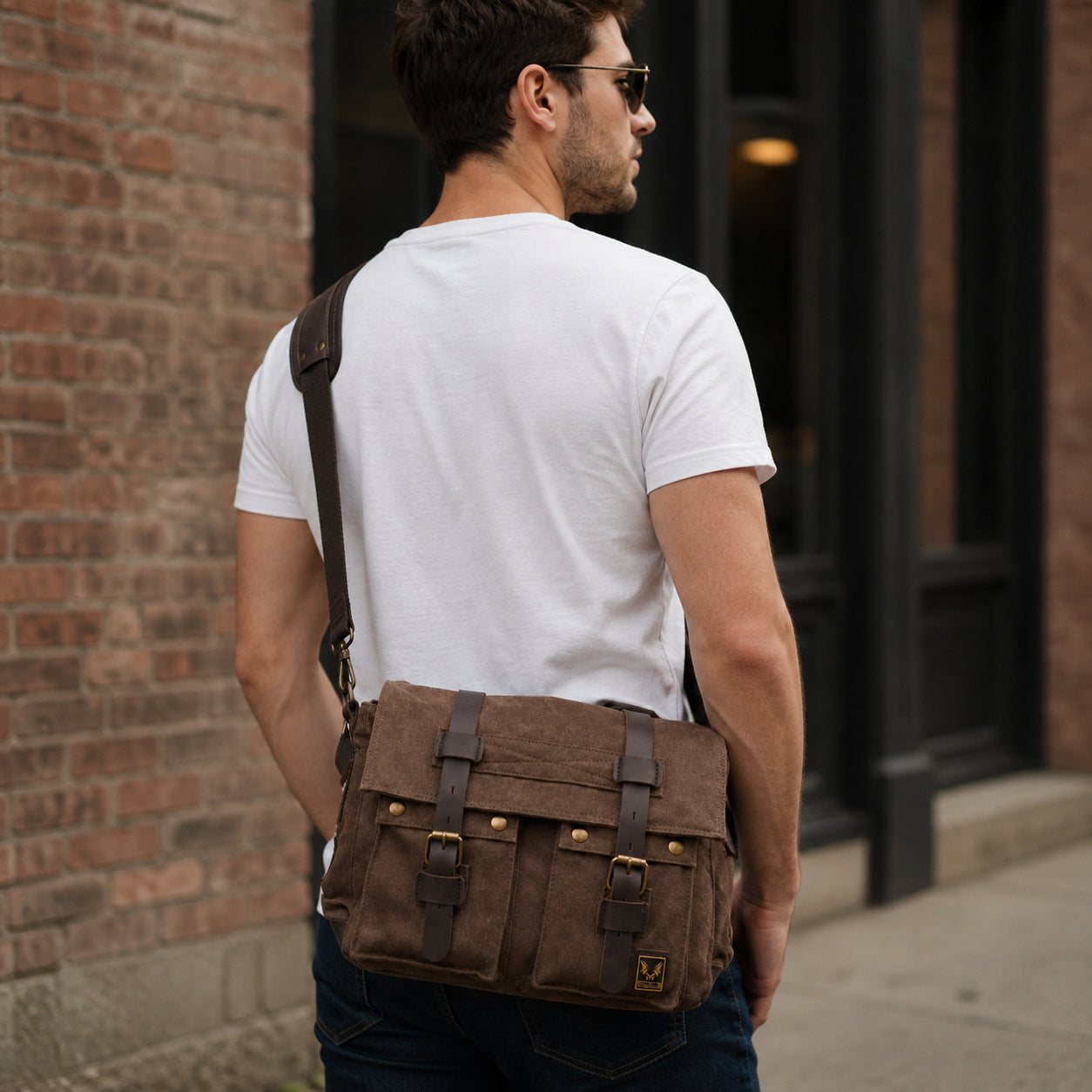 Men’s Canvas Messenger Bag - Crazy Horse Leather Trim