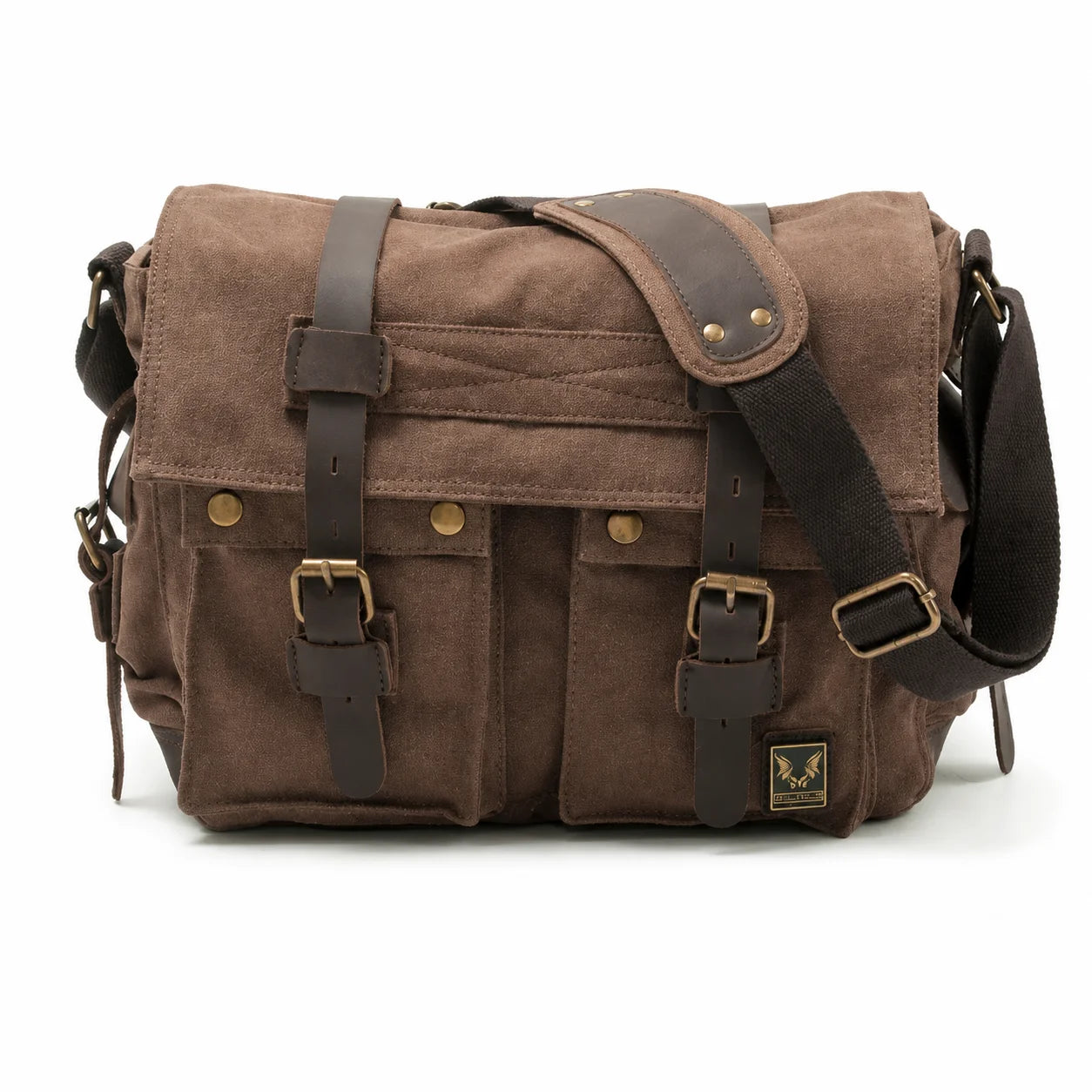 Men’s Canvas Messenger Bag - Crazy Horse Leather Trim - Brown