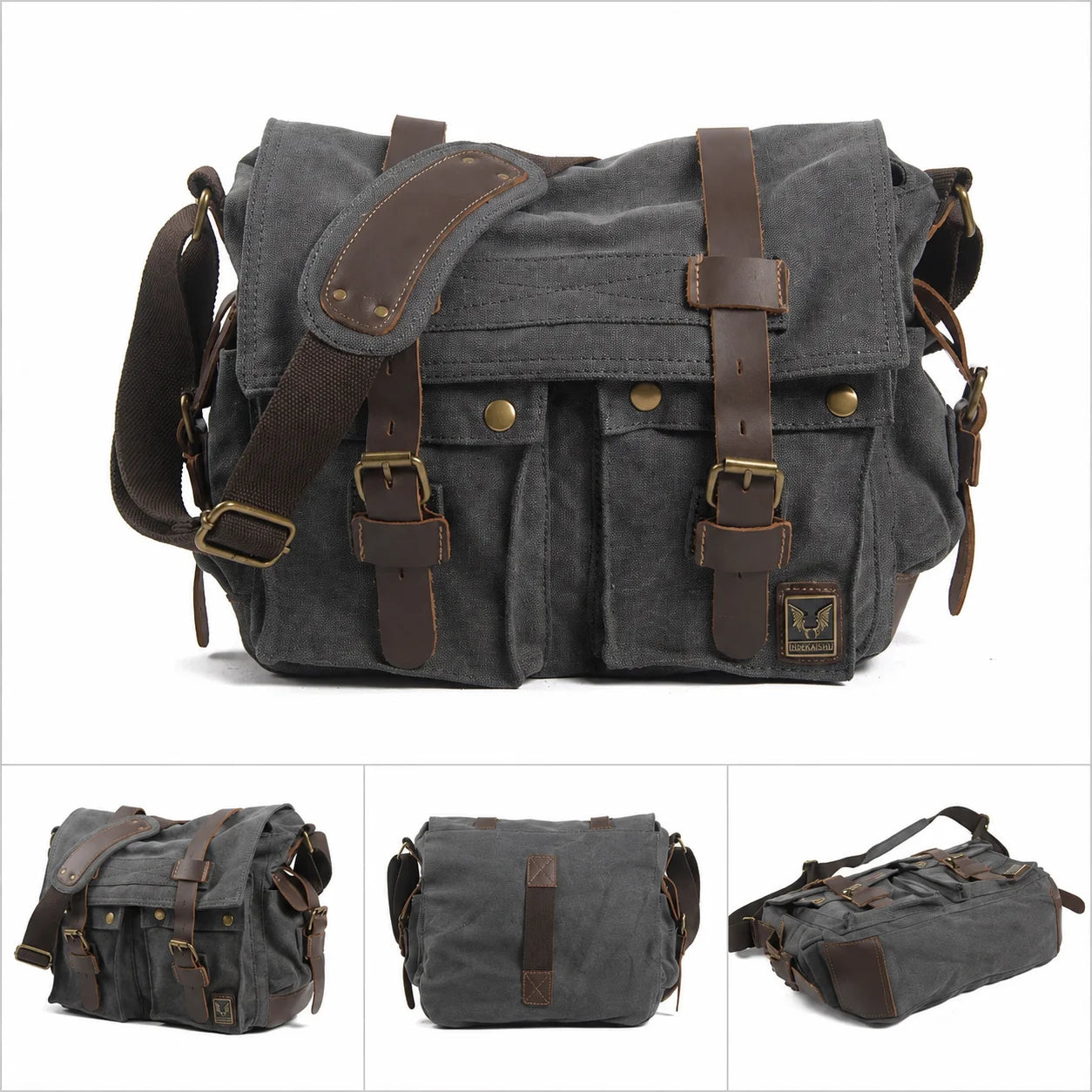 Men’s Canvas Messenger Bag - Crazy Horse Leather Trim