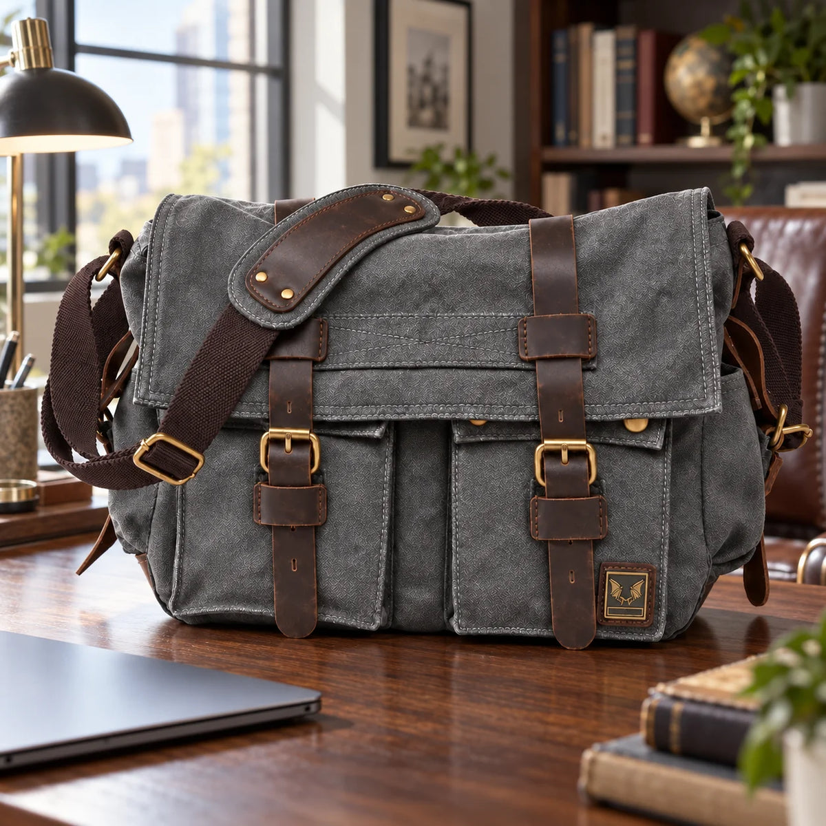 Men’s Canvas Messenger Bag - Crazy Horse Leather Trim