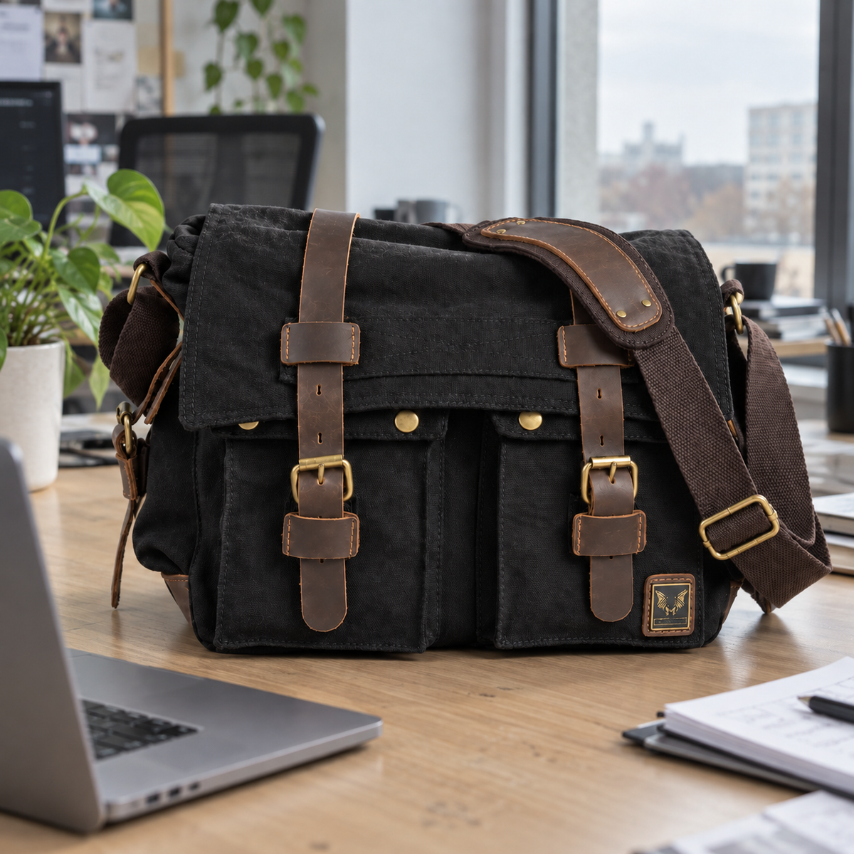 Men's Canvas Messenger Bag - Crazy Horse Leather Trim