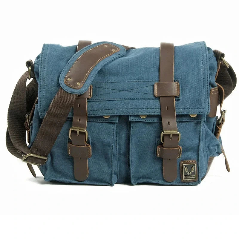 Men’s Canvas Messenger Bag - Crazy Horse Leather Trim - Blue