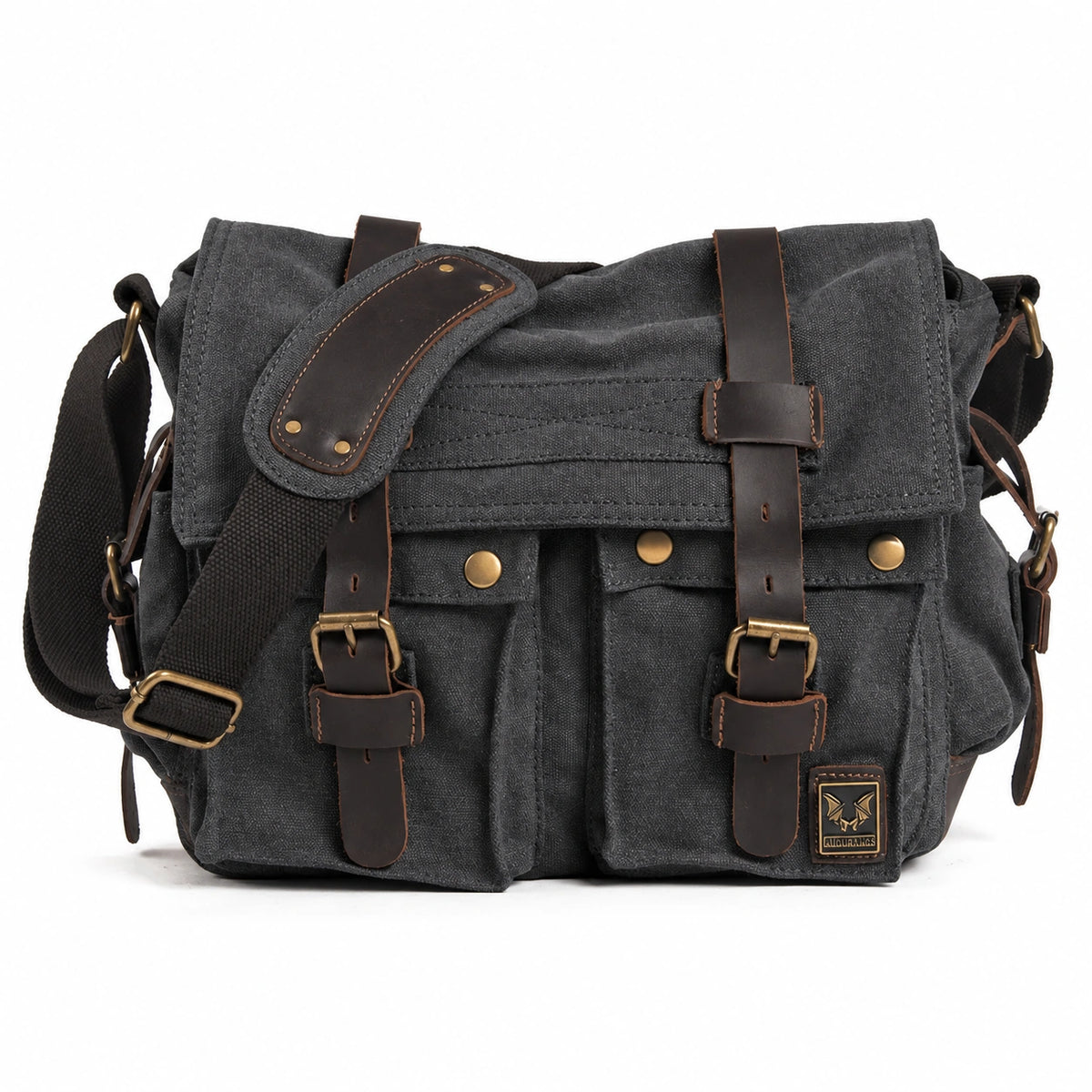 Men’s Canvas Messenger Bag - Crazy Horse Leather Trim - Dark Gray