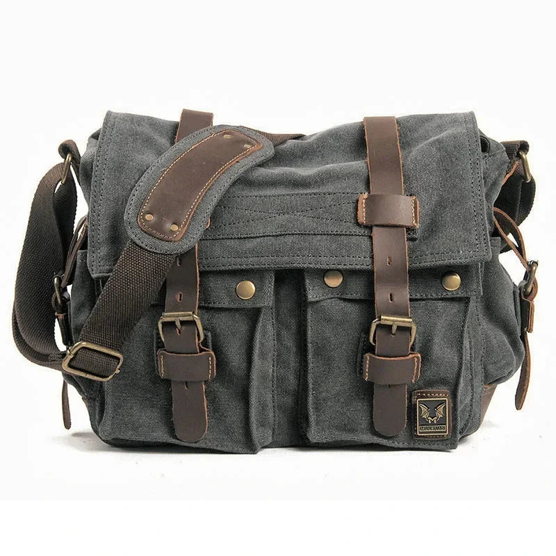 Men’s Canvas Messenger Bag - Crazy Horse Leather Trim - Dark Gray