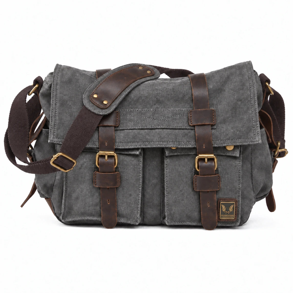 Men’s Canvas Messenger Bag - Crazy Horse Leather Trim - Gray